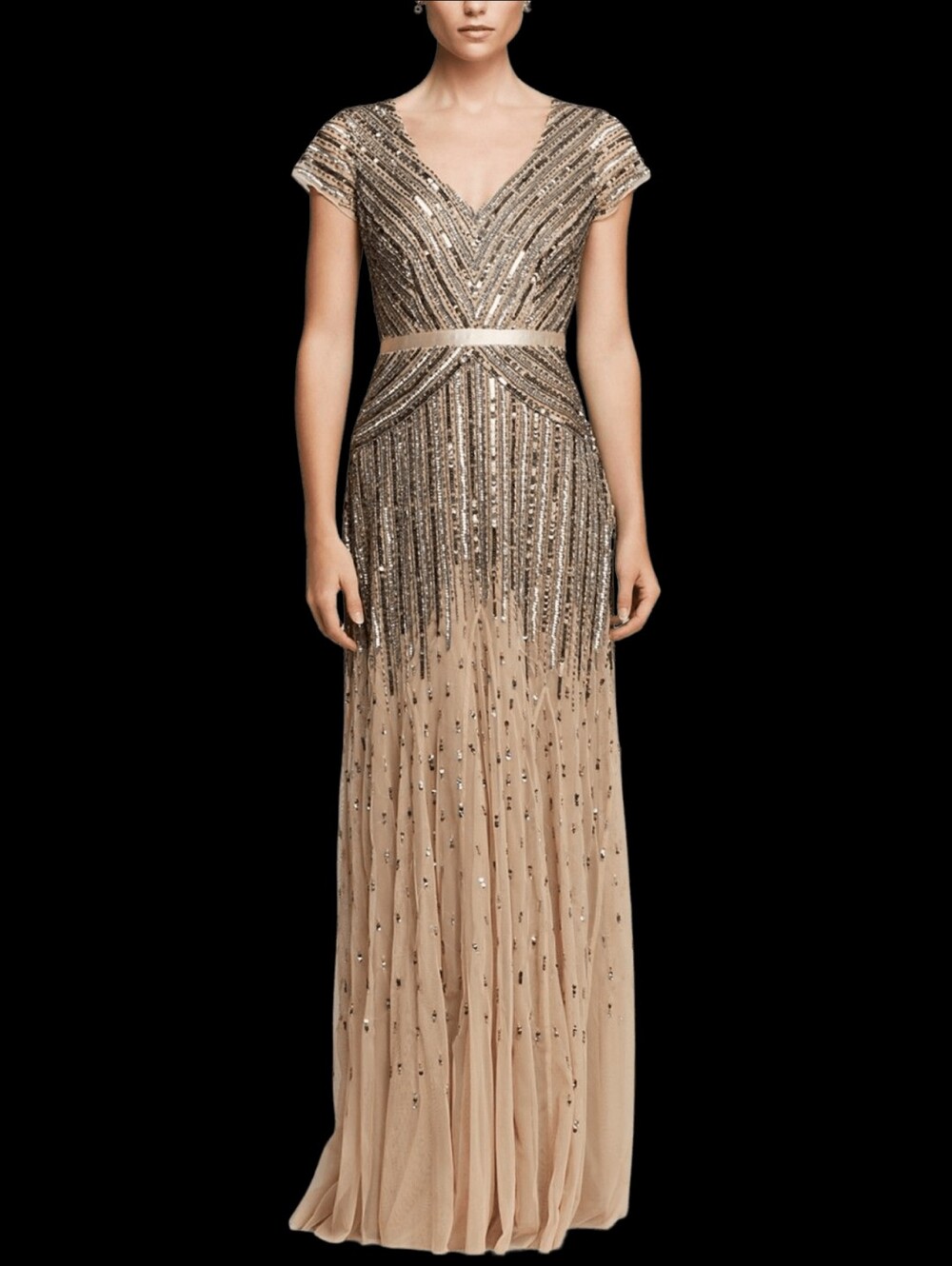 Adrianna Papell Champagne Beaded V-Neck Maxi Gown
